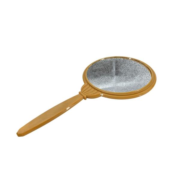 Vintage 70s Handheld Vanity Mirror With Floral Design & Yellow Celluloid Handle - Picture 3 of 3